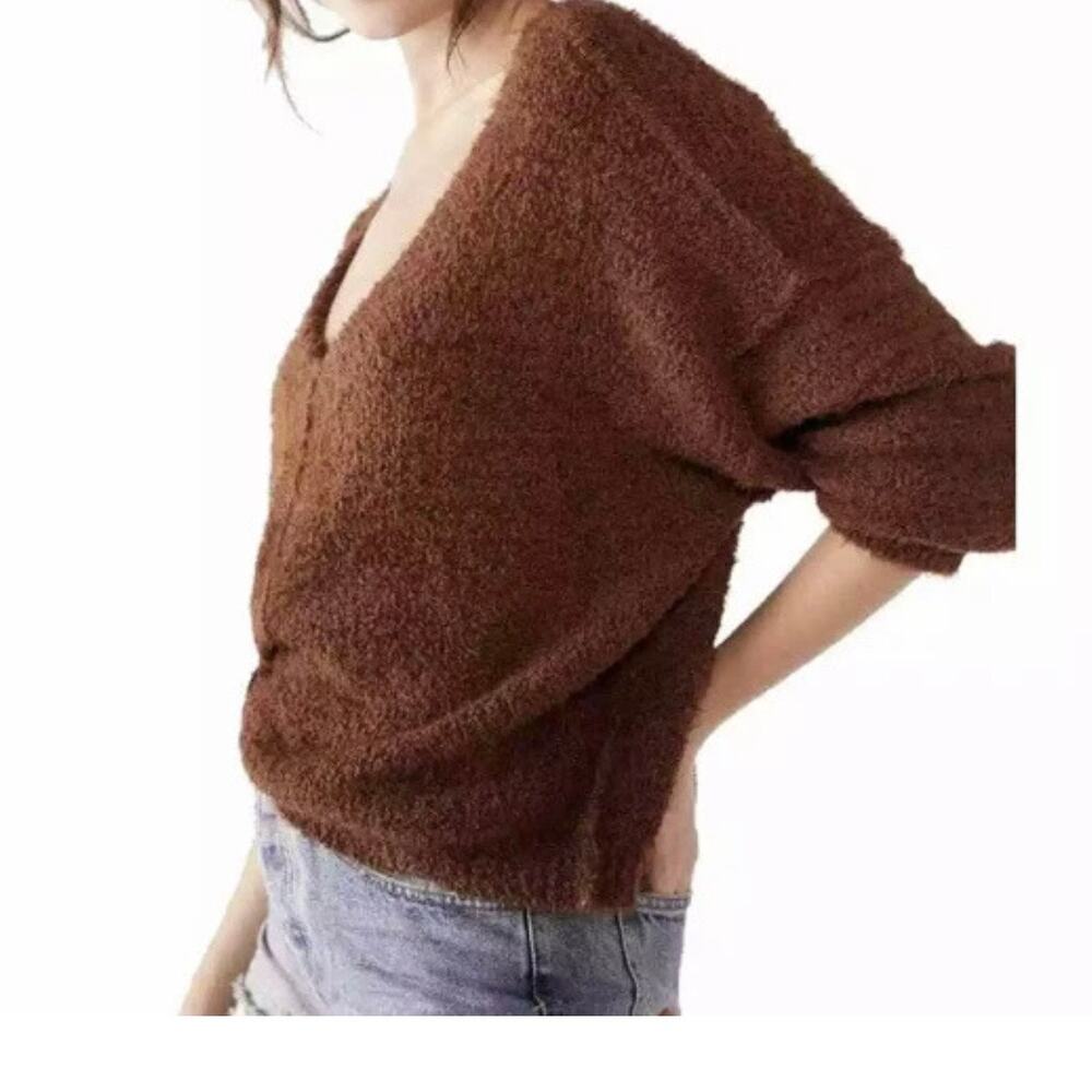 Free People Women's Fuzzy Pullover V-Neck Sweater Large Mocha Java